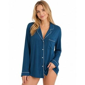 Eberjey‎ Gisele Pajama Shirt Womens M Blue Cotton Stretch Button Down Sleep Top